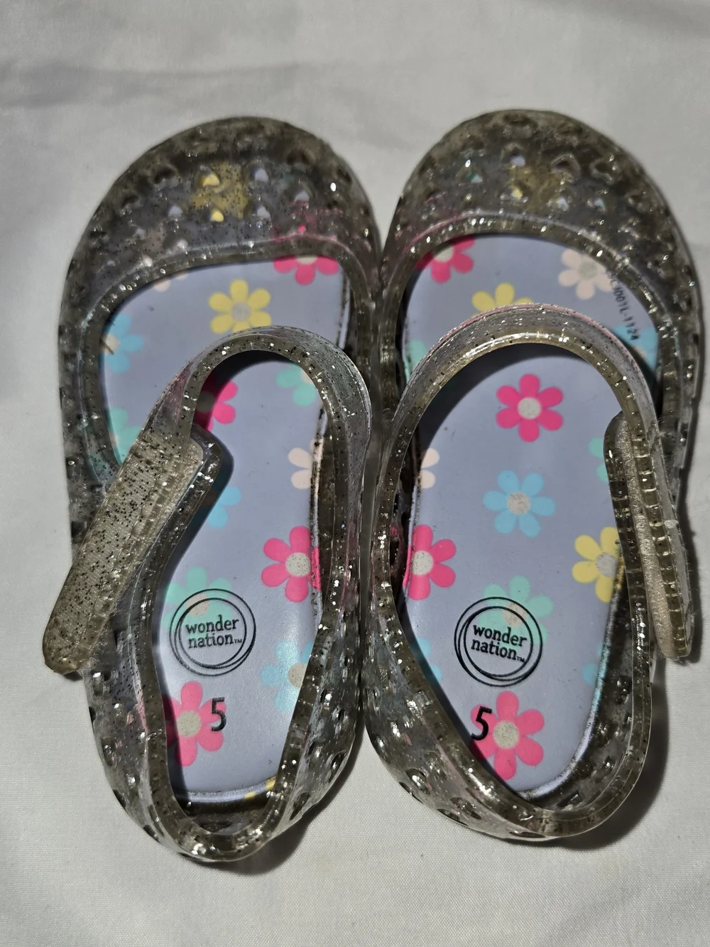 Wonder Nation Silver Glitter Jelly Mary Jane Sandals with Floral Insole SZ 5